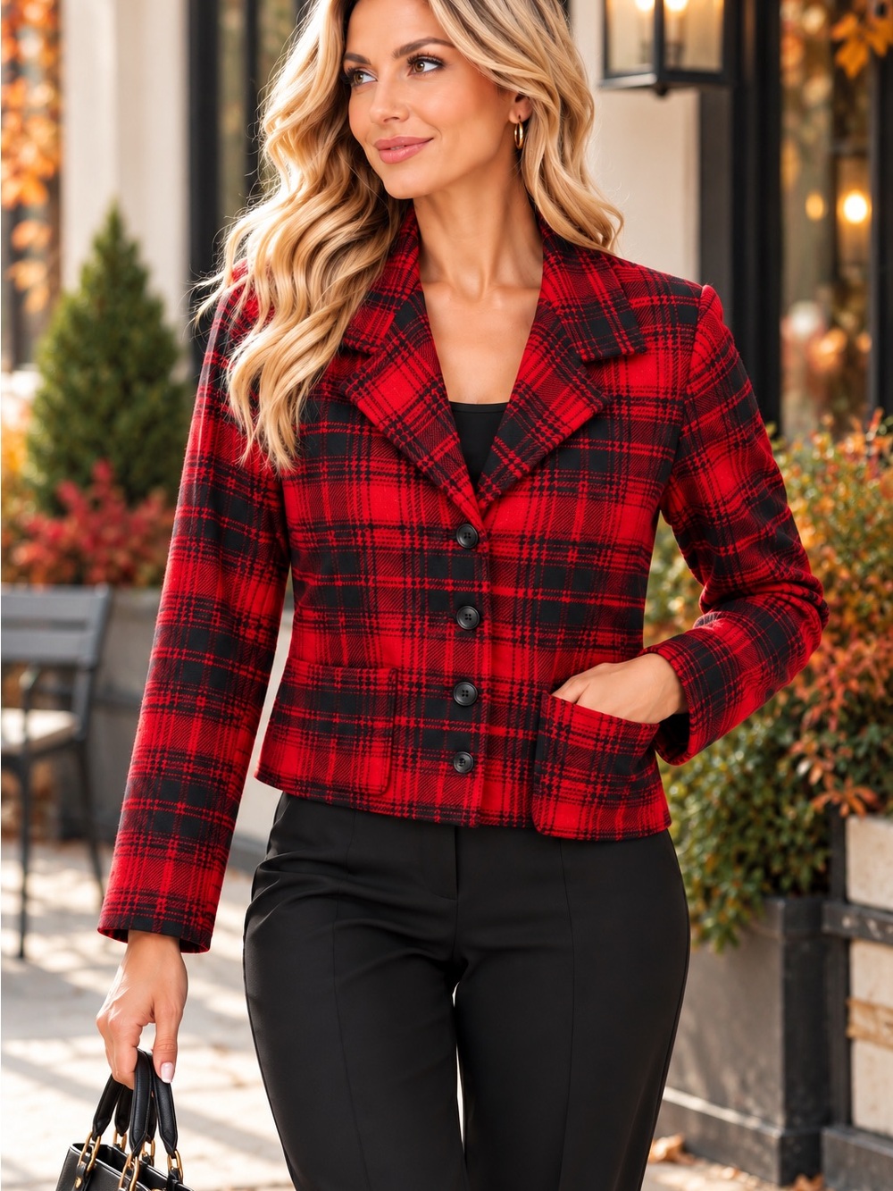 W99 Vintage Harris/Wallace Petites Red Black Plaid Wool Cropped Blazer